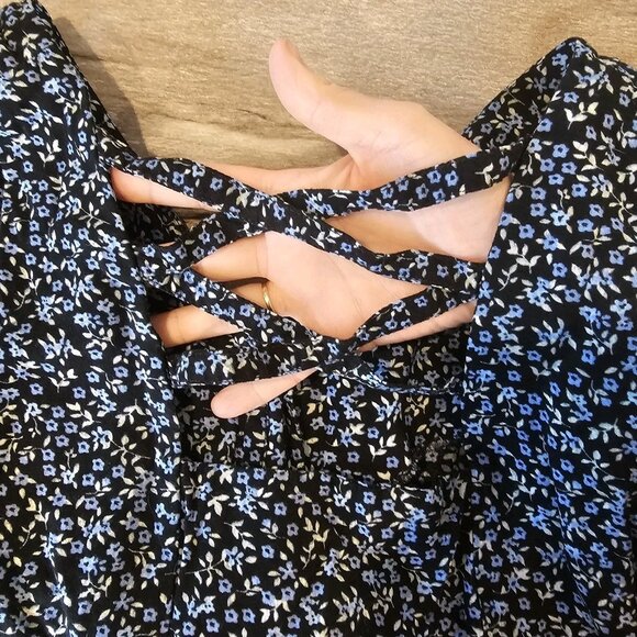 VTG 90 Dark Floral Mini Shirt Dress Black Blue Sleeveless Sz 8 Whimsigoth Grunge - Picture 9 of 10